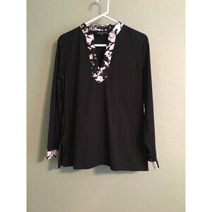 Women's Jones New York Black/White Floral Trim Split Neck Long Sleeve Tunic  M